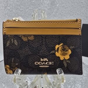 Coach Mini Skinny ID Card Case With Floral Print Signature Canvas Key Ring